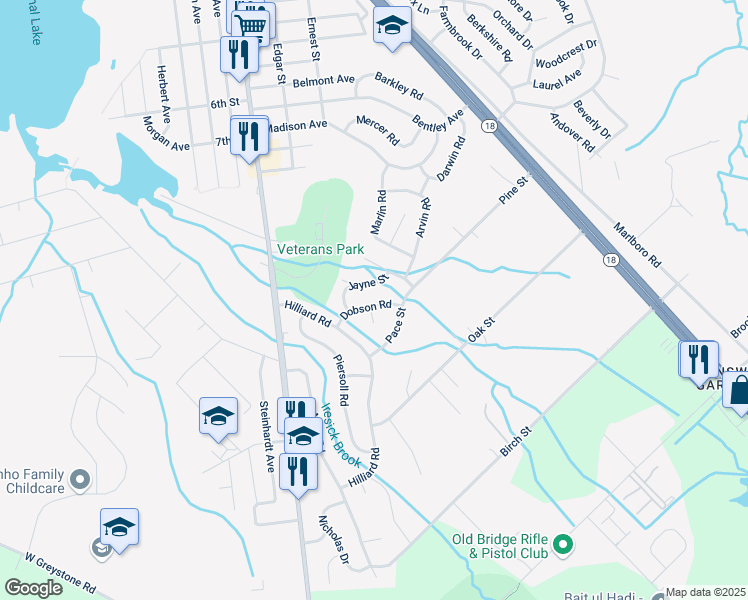 map of restaurants, bars, coffee shops, grocery stores, and more near 16 Dobson Road in Old Bridge