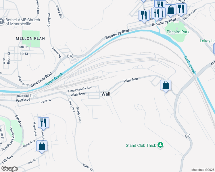 map of restaurants, bars, coffee shops, grocery stores, and more near 105 Negley Avenue in Wall