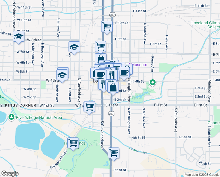 map of restaurants, bars, coffee shops, grocery stores, and more near 365 North Lincoln Avenue in Loveland
