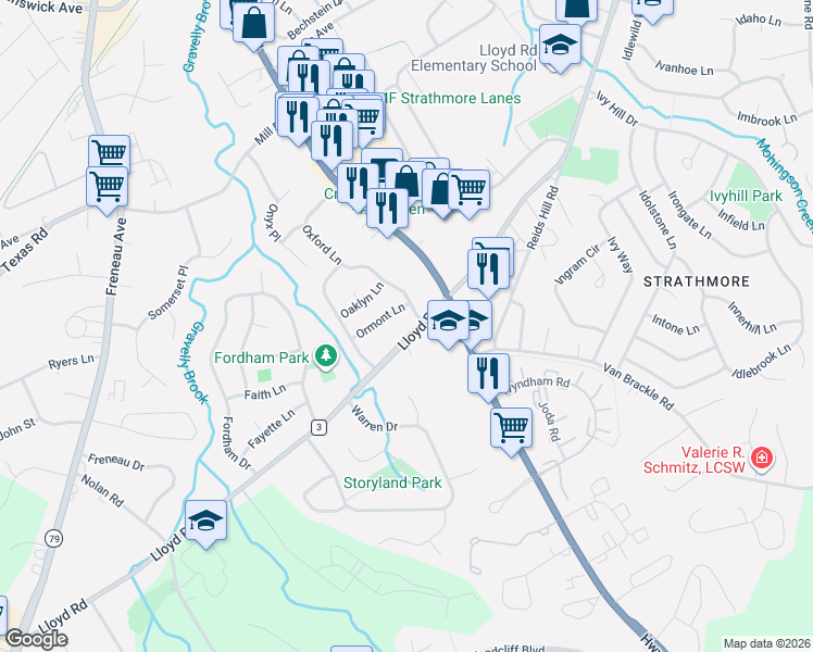 map of restaurants, bars, coffee shops, grocery stores, and more near 6 Oxford Lane in Matawan