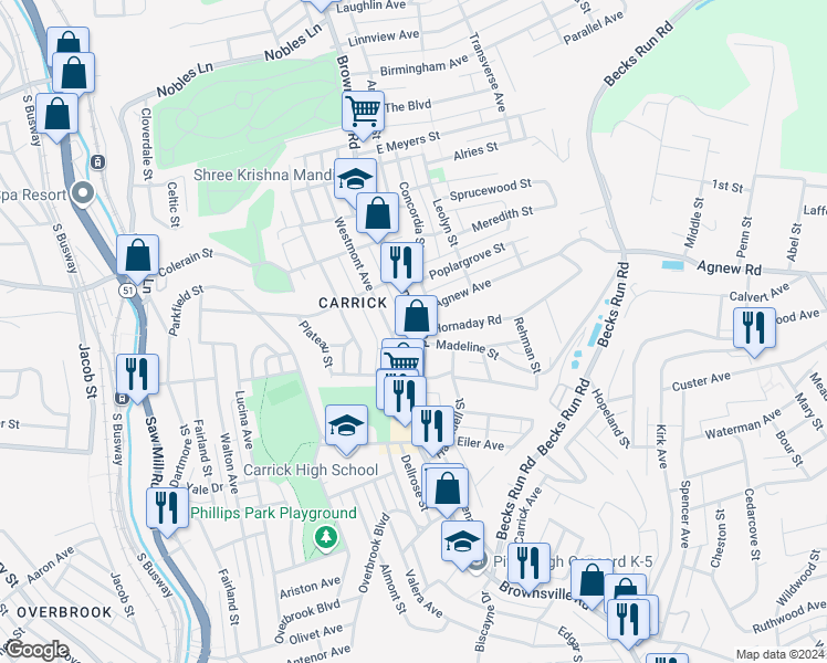 map of restaurants, bars, coffee shops, grocery stores, and more near 1927 Westmont Avenue in Pittsburgh