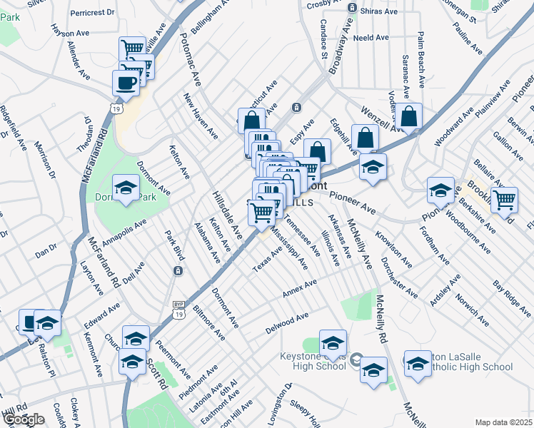 map of restaurants, bars, coffee shops, grocery stores, and more near in Dormont