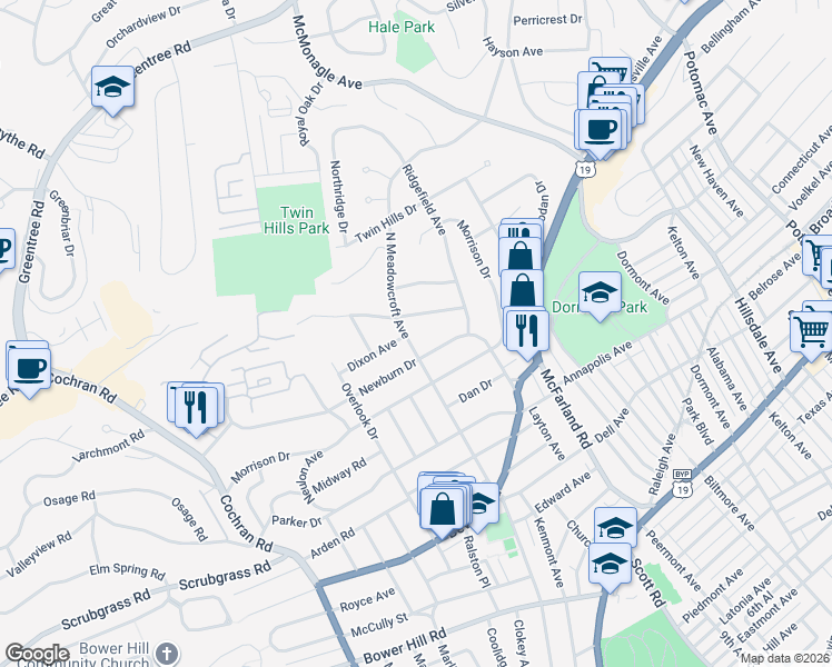 map of restaurants, bars, coffee shops, grocery stores, and more near 257 Shadowlawn Avenue in Pittsburgh