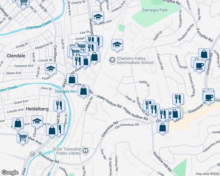 map of restaurants, bars, coffee shops, grocery stores, and more near 577 Hope Street in Pittsburgh