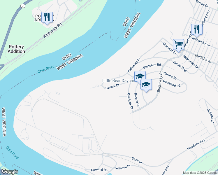 map of restaurants, bars, coffee shops, grocery stores, and more near 173 Capitol Drive in Weirton