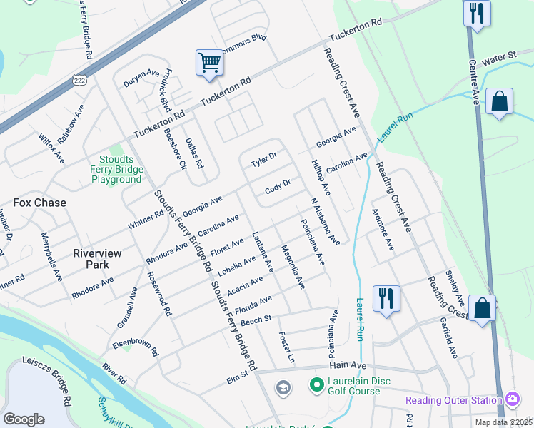 map of restaurants, bars, coffee shops, grocery stores, and more near 3925 North Alabama Avenue in Reading