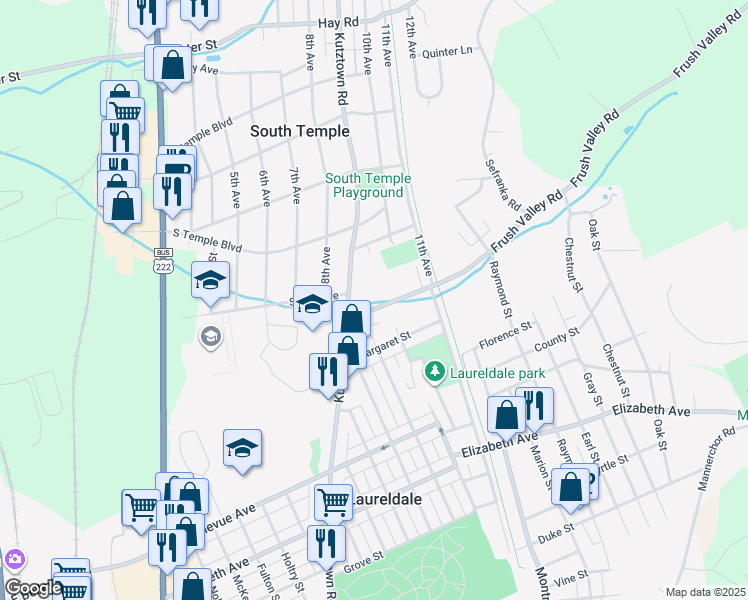 map of restaurants, bars, coffee shops, grocery stores, and more near 1405 Frush Valley Road in Reading