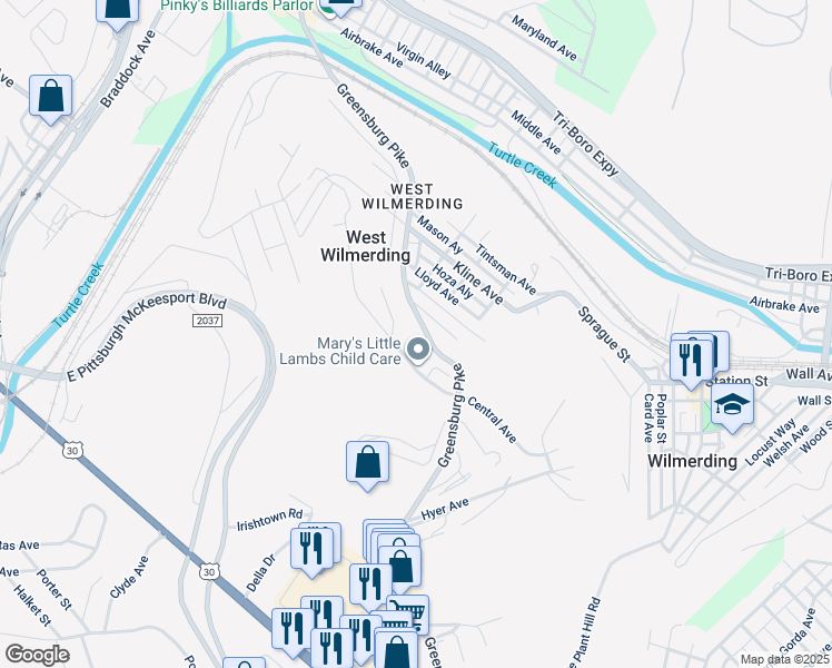 map of restaurants, bars, coffee shops, grocery stores, and more near 102 Grand Avenue in North Versailles