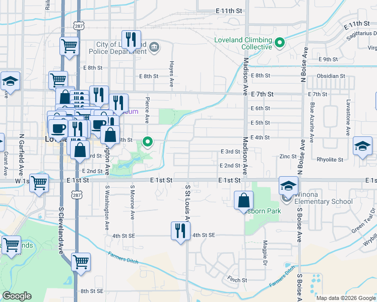 map of restaurants, bars, coffee shops, grocery stores, and more near 1014 East 4th Street in Loveland
