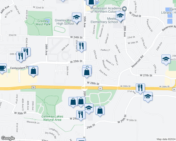 map of restaurants, bars, coffee shops, grocery stores, and more near 2613 34th Avenue in Greeley