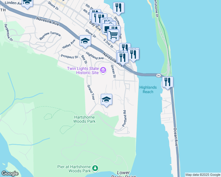 map of restaurants, bars, coffee shops, grocery stores, and more near 12 Hillside Court in Highlands