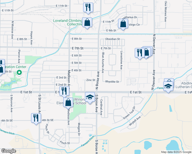 map of restaurants, bars, coffee shops, grocery stores, and more near 315 North Boise Avenue in Loveland