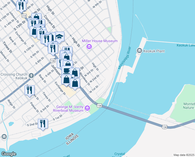 map of restaurants, bars, coffee shops, grocery stores, and more near 205 North 2nd Street in Keokuk