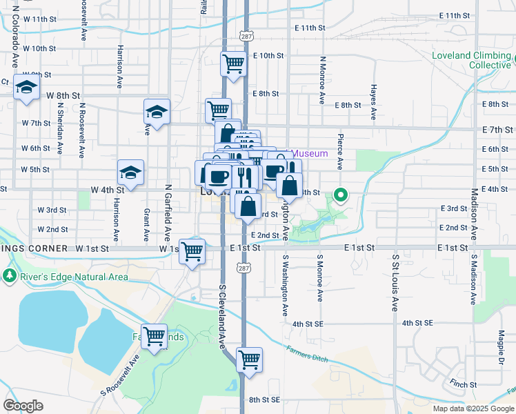 map of restaurants, bars, coffee shops, grocery stores, and more near 349 North Jefferson Avenue in Loveland