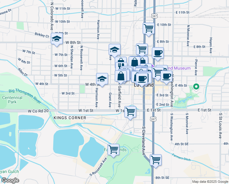 map of restaurants, bars, coffee shops, grocery stores, and more near 339 North Garfield Avenue in Loveland