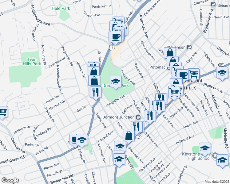 map of restaurants, bars, coffee shops, grocery stores, and more near 3200 Annapolis Avenue in Pittsburgh