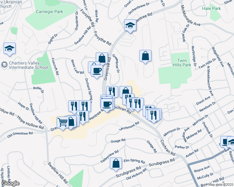map of restaurants, bars, coffee shops, grocery stores, and more near 340 Highpointe Drive in Pittsburgh