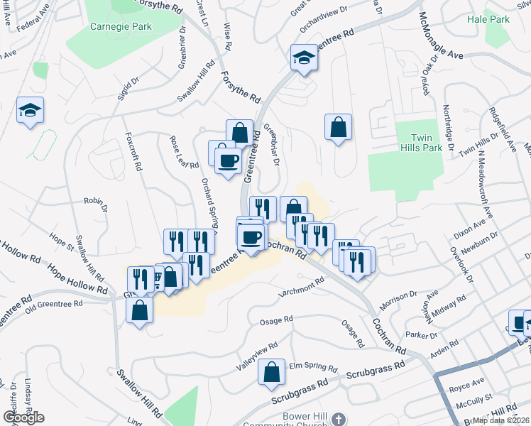 map of restaurants, bars, coffee shops, grocery stores, and more near 1899 Greentree Road in Pittsburgh