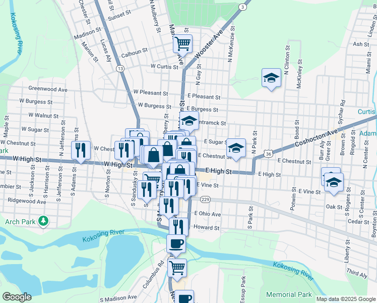 map of restaurants, bars, coffee shops, grocery stores, and more near 112 North Main Street in Mount Vernon