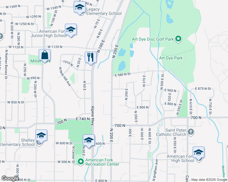map of restaurants, bars, coffee shops, grocery stores, and more near 901 North 200 East in American Fork
