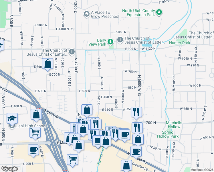 map of restaurants, bars, coffee shops, grocery stores, and more near 551 North 1520 East in Lehi