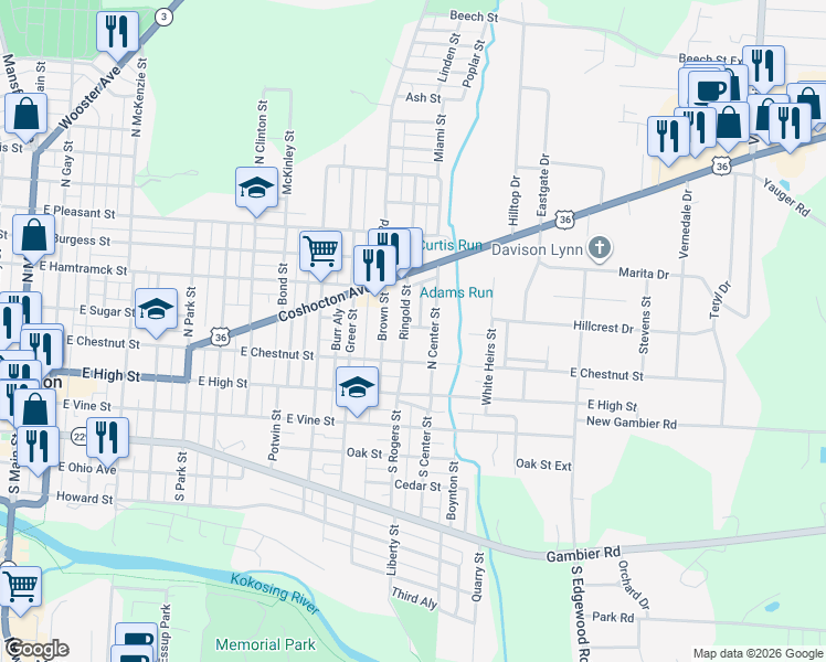 map of restaurants, bars, coffee shops, grocery stores, and more near 109 North Center Street in Mount Vernon