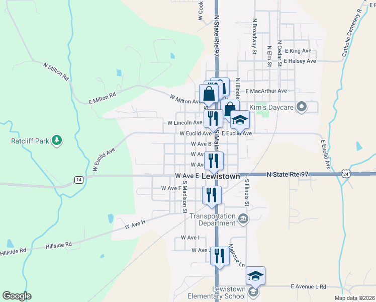 map of restaurants, bars, coffee shops, grocery stores, and more near 301-399 West Ave B in Lewistown