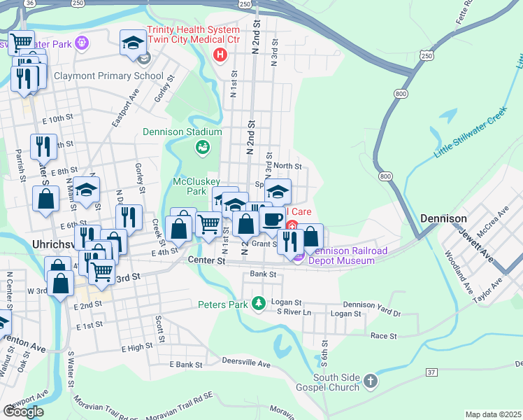 map of restaurants, bars, coffee shops, grocery stores, and more near 215 North 3rd Street in Dennison