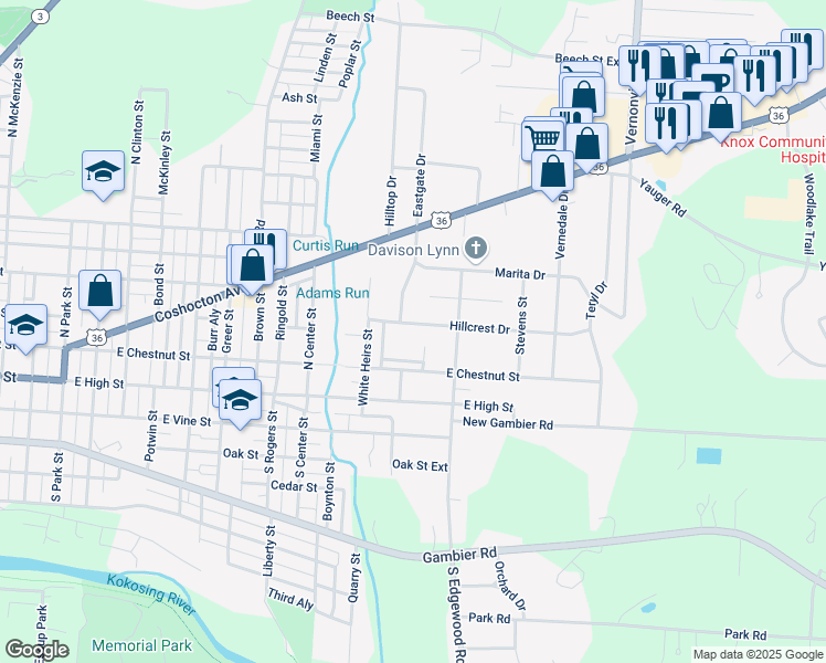 map of restaurants, bars, coffee shops, grocery stores, and more near 202 Hillcrest Drive in Mount Vernon