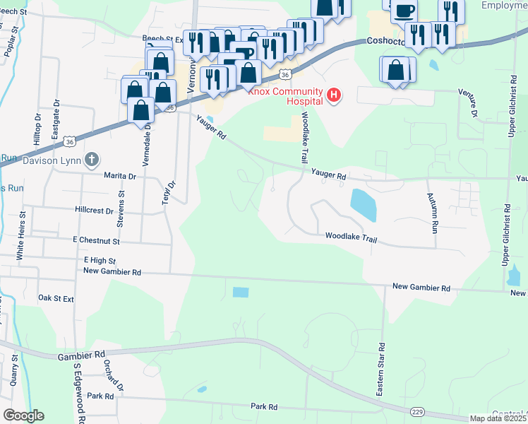 map of restaurants, bars, coffee shops, grocery stores, and more near 1365 Yauger Road in Mount Vernon