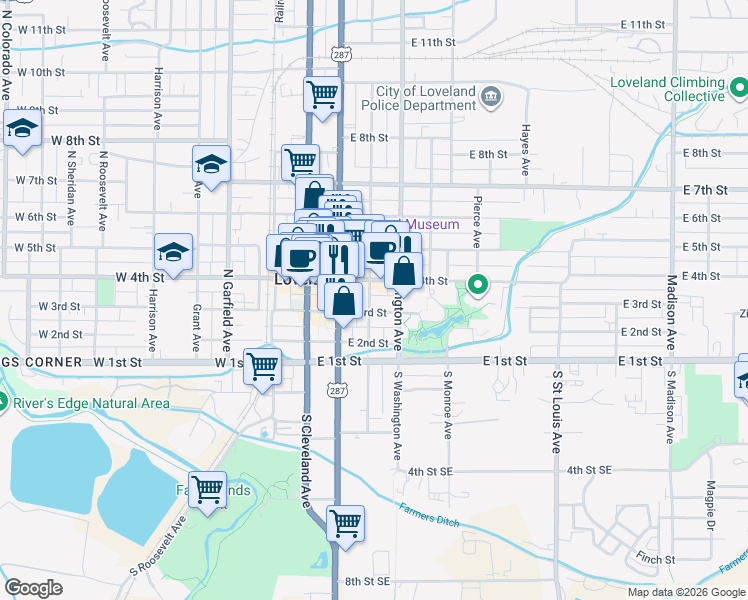 map of restaurants, bars, coffee shops, grocery stores, and more near 349 North Jefferson Avenue in Loveland