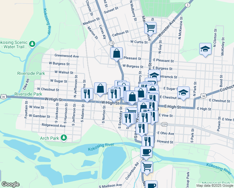map of restaurants, bars, coffee shops, grocery stores, and more near 361 West Chestnut Street in Mount Vernon
