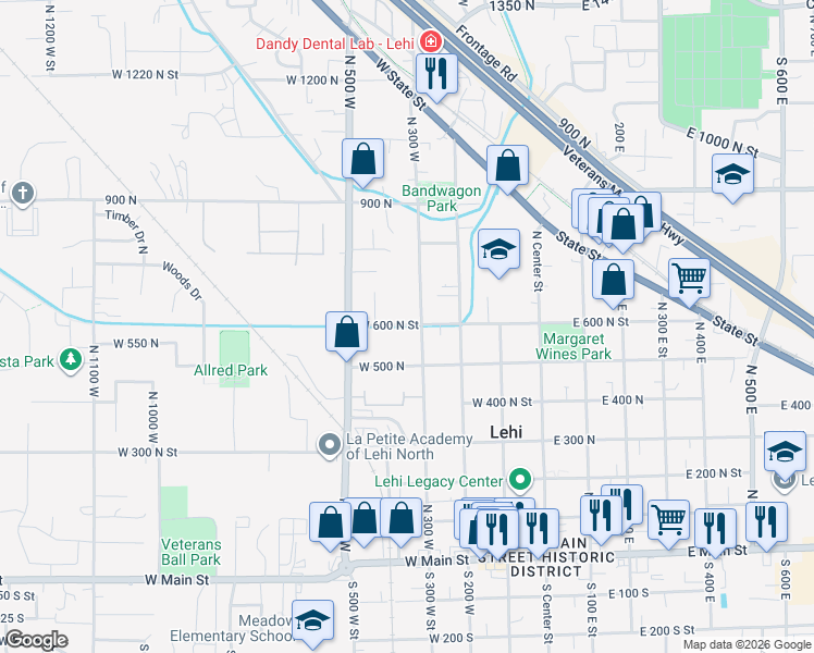 map of restaurants, bars, coffee shops, grocery stores, and more near 354 West 600 North Street in Lehi