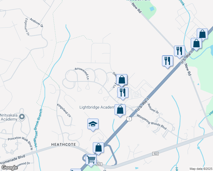 map of restaurants, bars, coffee shops, grocery stores, and more near 16 Foxtail Lane in South Brunswick Township