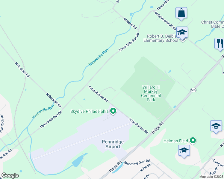 map of restaurants, bars, coffee shops, grocery stores, and more near 1423 Schoolhouse Road in Perkasie