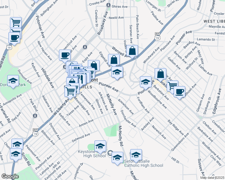 map of restaurants, bars, coffee shops, grocery stores, and more near 3027 Pioneer Avenue in Pittsburgh