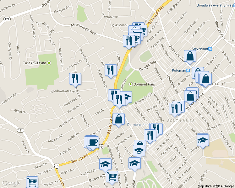 map of restaurants, bars, coffee shops, grocery stores, and more near 1667 Memorial Drive in Pittsburgh