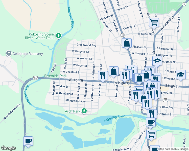 map of restaurants, bars, coffee shops, grocery stores, and more near 802 1/2 West Chestnut Street in Mount Vernon