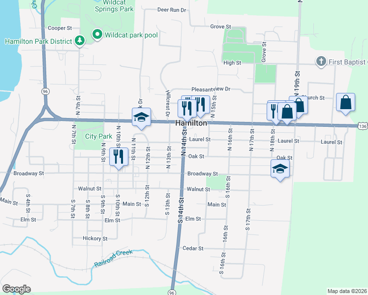 map of restaurants, bars, coffee shops, grocery stores, and more near North 14th Street in Hamilton