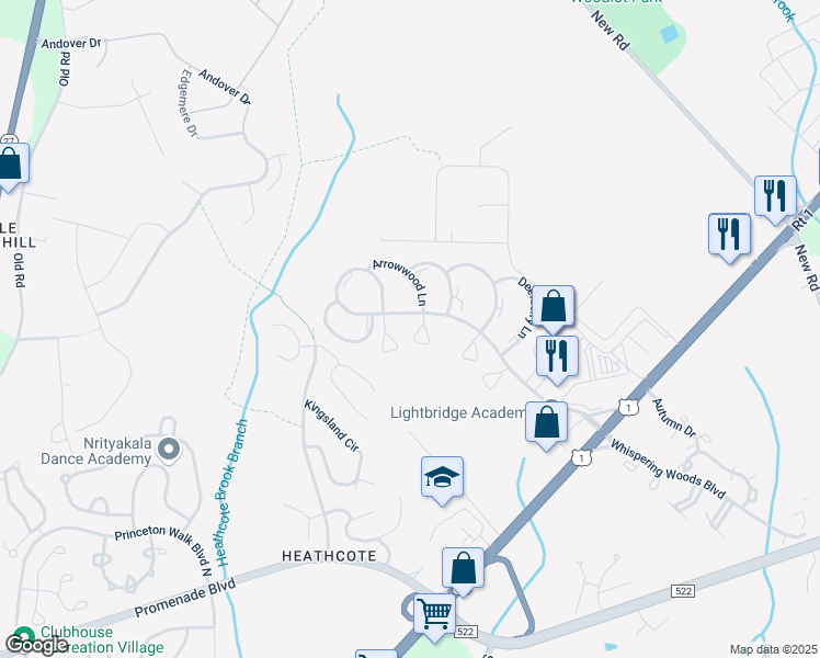 map of restaurants, bars, coffee shops, grocery stores, and more near 53 Cottonwood Court in South Brunswick Township