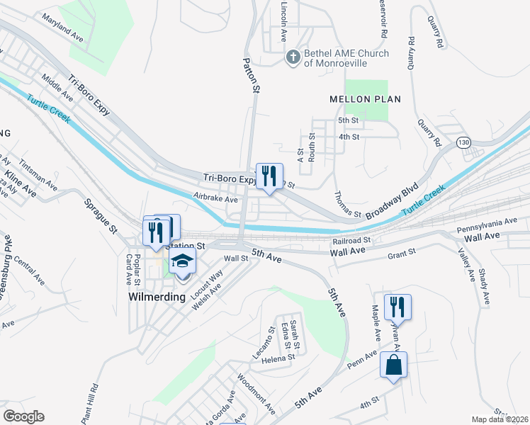 map of restaurants, bars, coffee shops, grocery stores, and more near 146 Watkins Avenue in Wilmerding