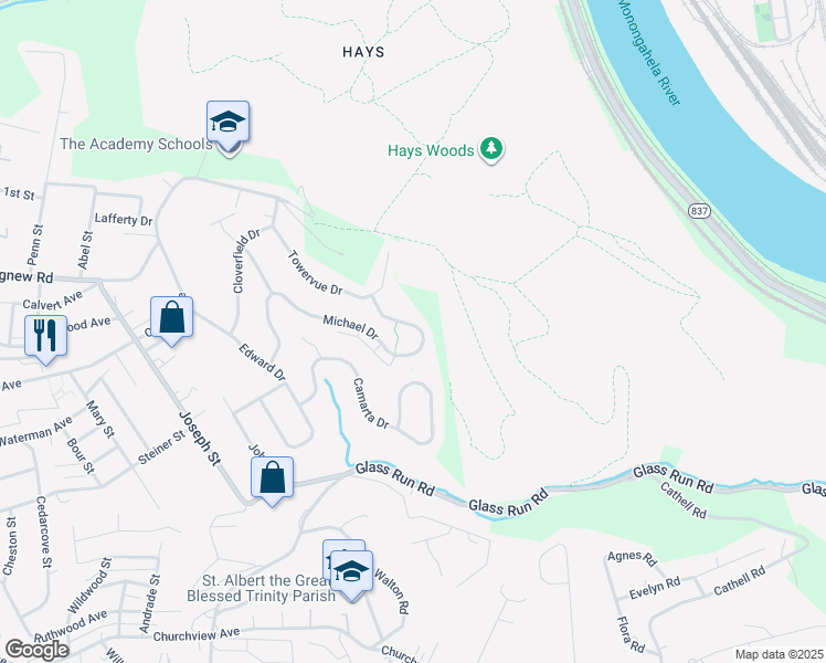 map of restaurants, bars, coffee shops, grocery stores, and more near 2301 Michael Drive in Pittsburgh