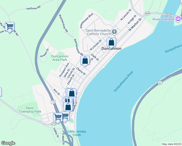 map of restaurants, bars, coffee shops, grocery stores, and more near 410 North Market Street in Duncannon