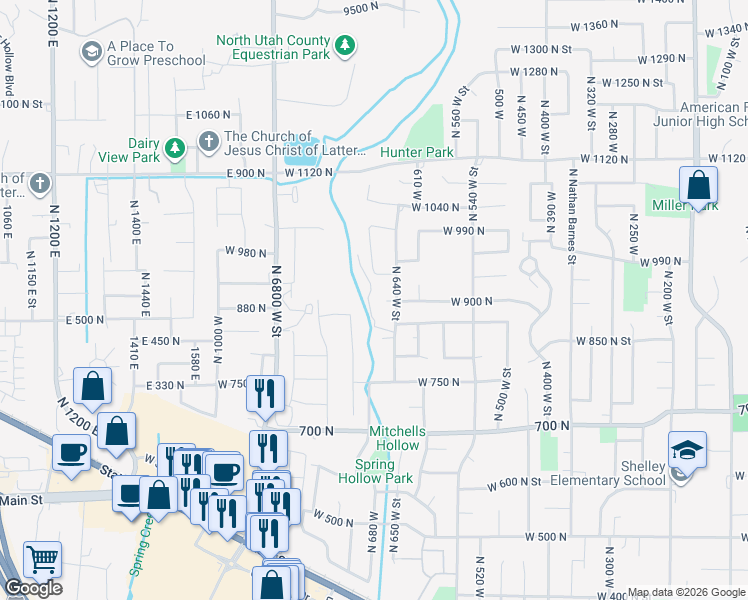 map of restaurants, bars, coffee shops, grocery stores, and more near 672 West 900 North in American Fork