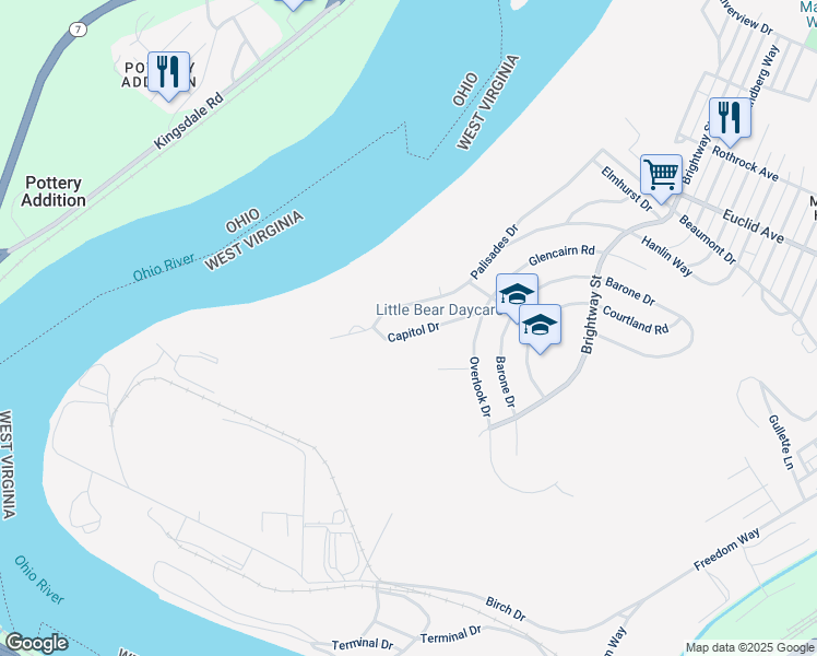 map of restaurants, bars, coffee shops, grocery stores, and more near 161 Capitol Dr in Weirton