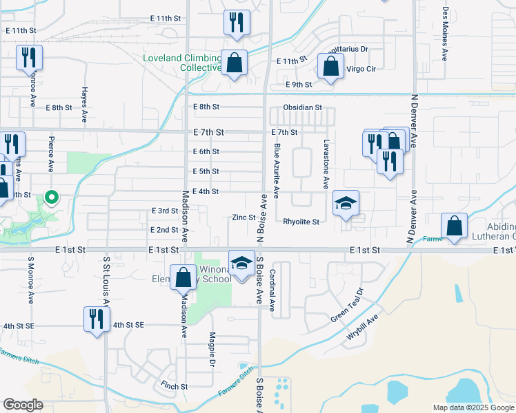 map of restaurants, bars, coffee shops, grocery stores, and more near 345 North Boise Avenue in Loveland