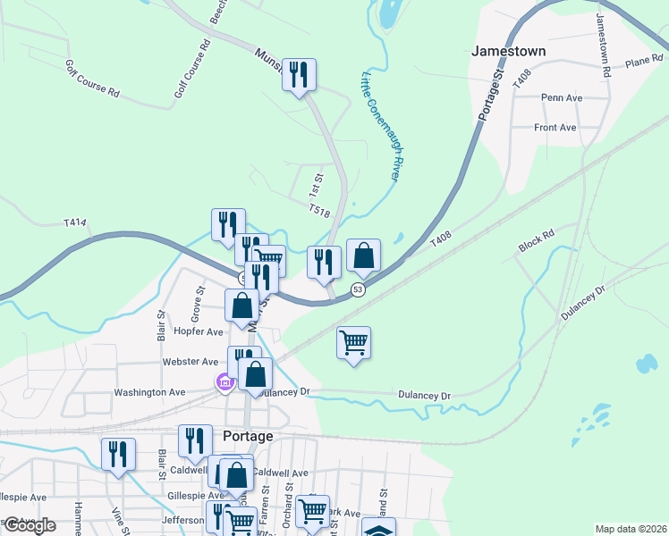 map of restaurants, bars, coffee shops, grocery stores, and more near 131 Munster Road in Portage