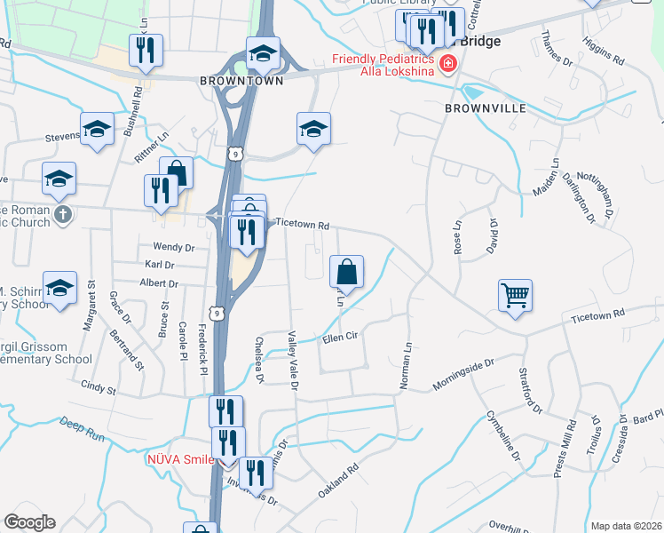 map of restaurants, bars, coffee shops, grocery stores, and more near 7 Jennifer Lane in Old Bridge Township