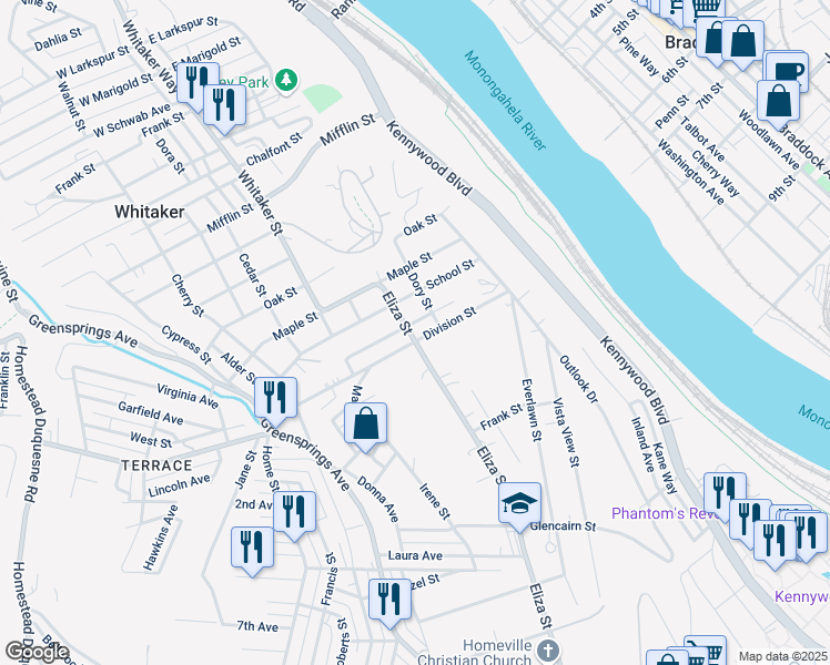 map of restaurants, bars, coffee shops, grocery stores, and more near 3631 Eliza Street in West Mifflin