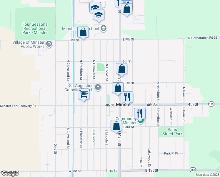 map of restaurants, bars, coffee shops, grocery stores, and more near 80 N Lincoln St in Minster